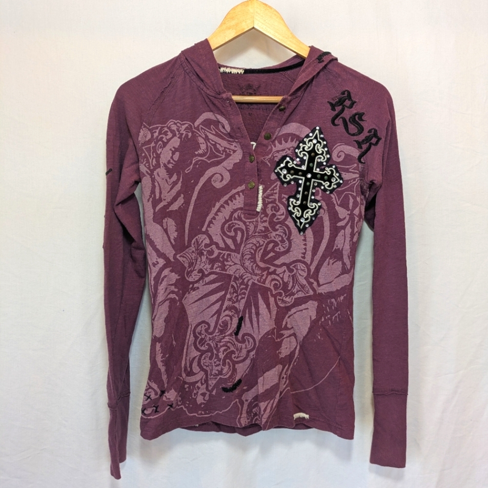 Size Medium Women's Rebel Spirit 2000's Purple Graphic Hoodie Top long sleeve